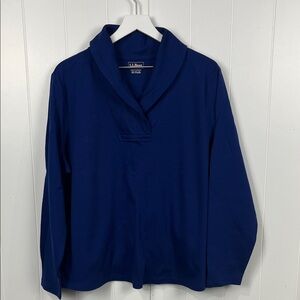 L.L. Bean Womens Pullover Top 2X Plus Royal Blue Shawl Collar 100% Cotton NWOT